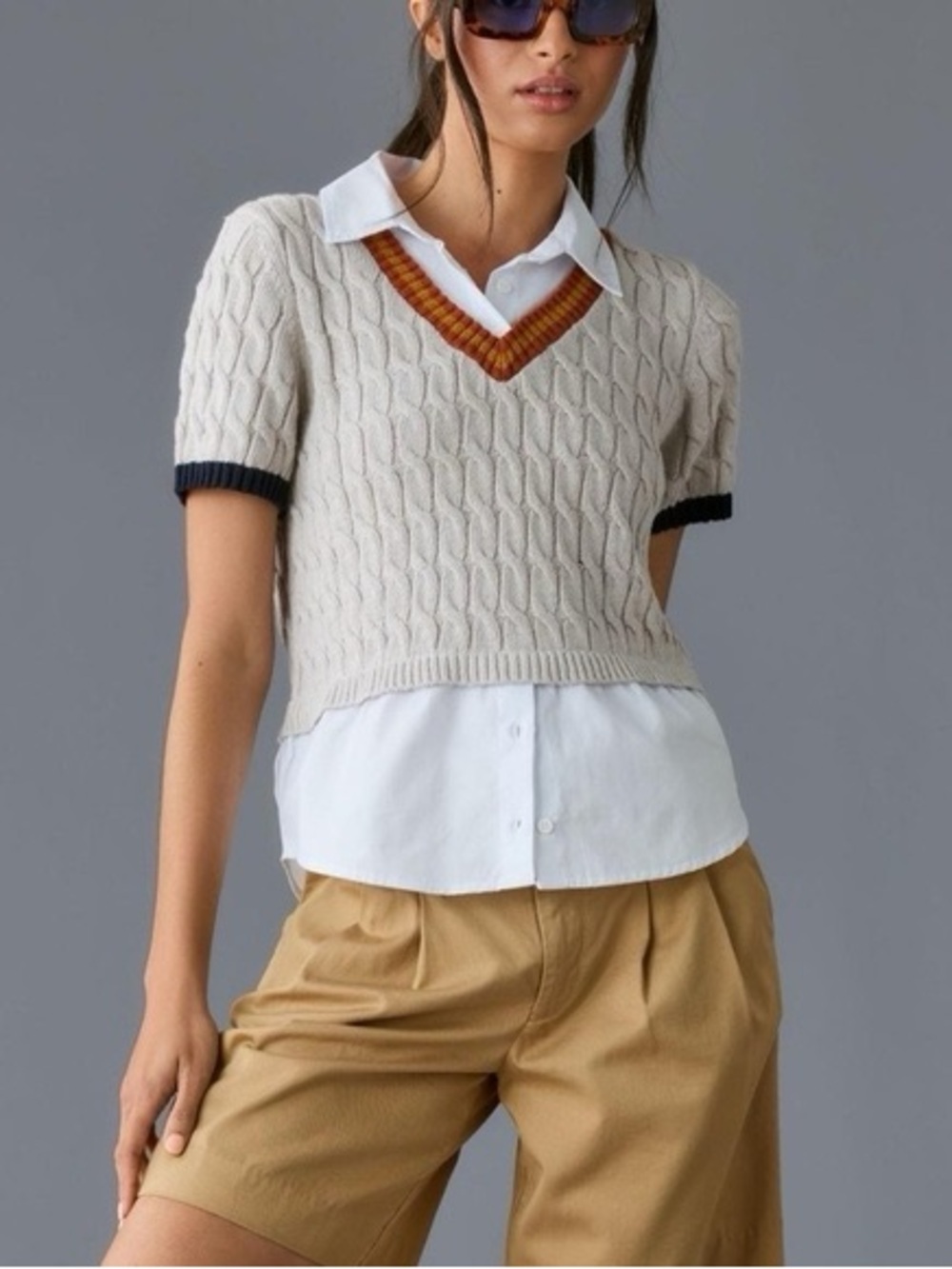 Anthropologie Maeve Cable Short-Sleeve Twofer Sweater